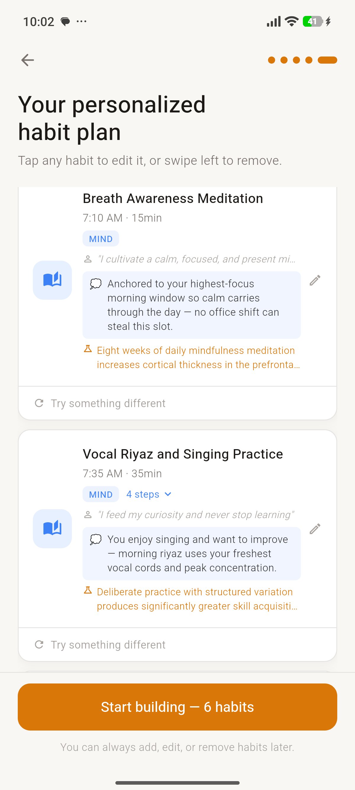 Generated plan showing AI reasoning for each habit