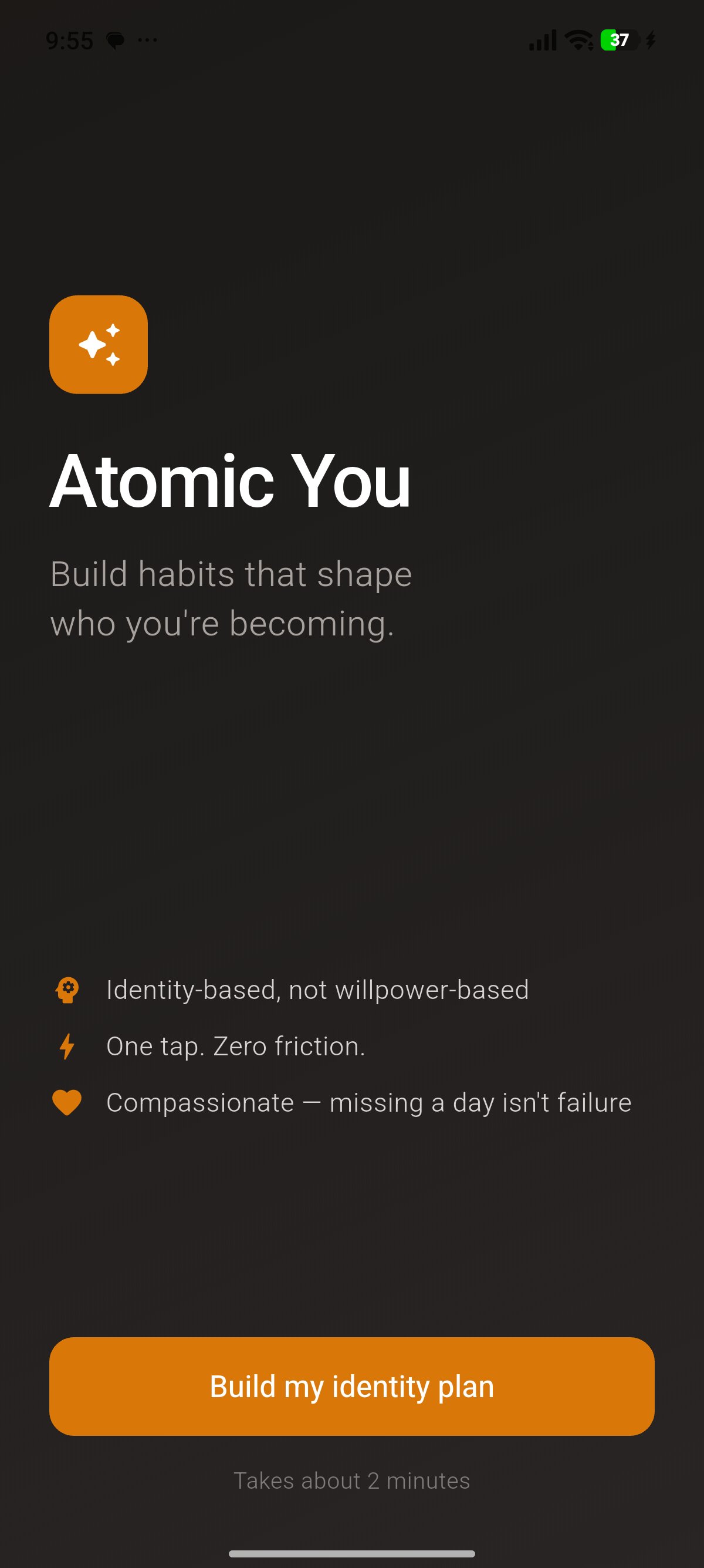Atomic You welcome screen with three core principles